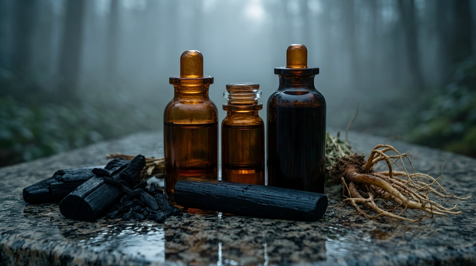 Apothecary bottles on granite